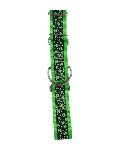 Aliens Wave Back (glow-in-the-dark) on neon green 1 1/2 Inch Martingale Collar