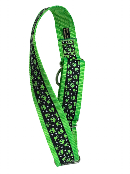 Aliens Wave Back (glow-in-the-dark) on neon green 1 1/2 Inch Martingale Collar