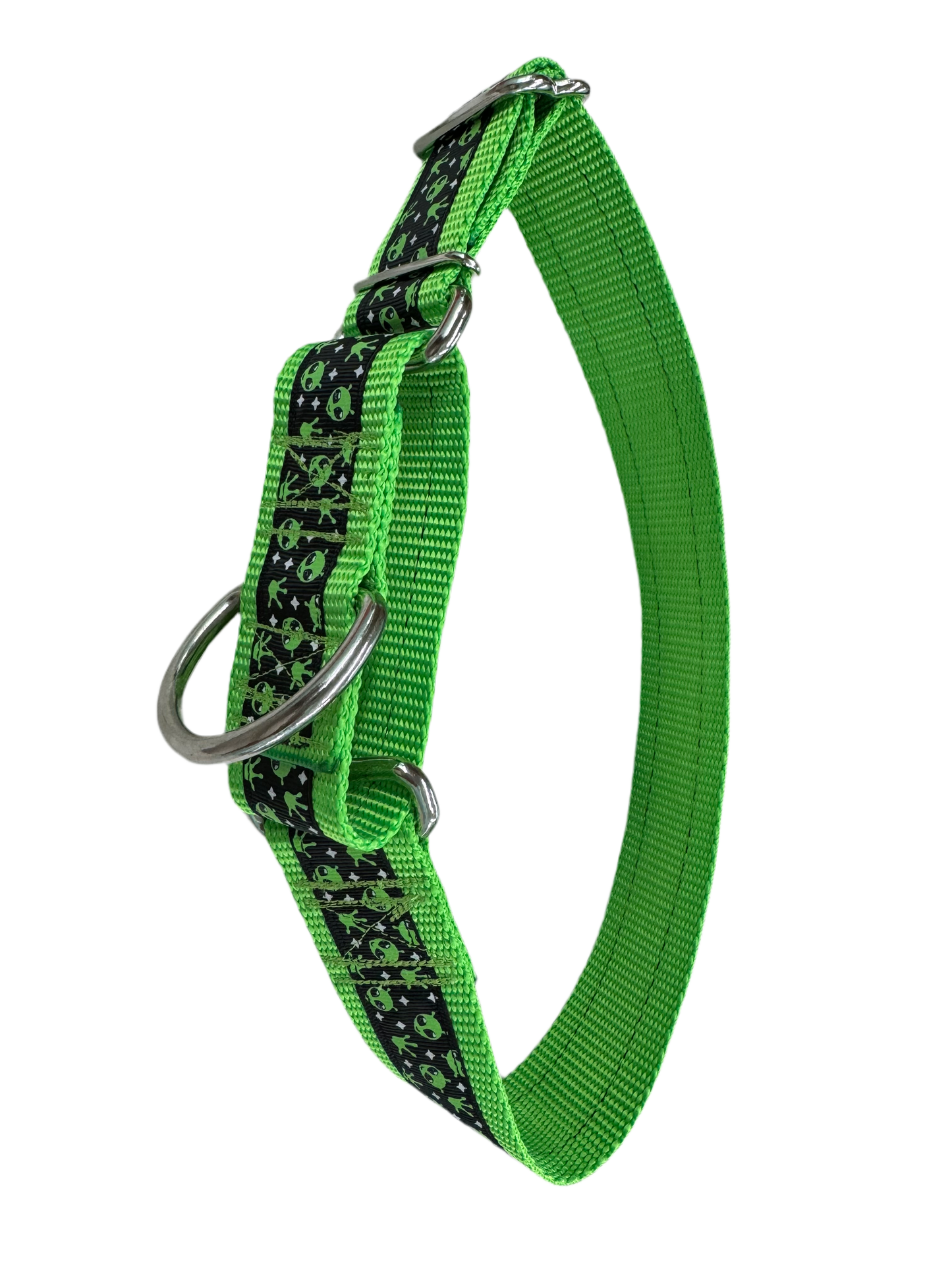 Aliens Wave Back (glow-in-the-dark) on neon green 1 1/2 Inch Martingale Collar